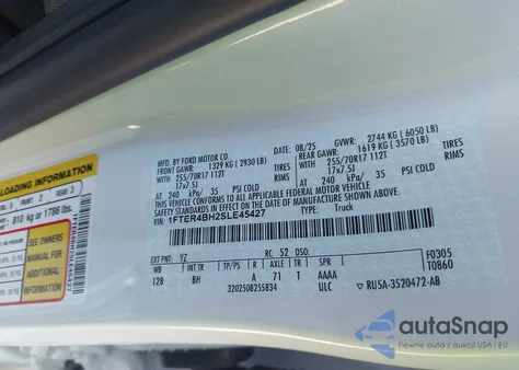 2025 Ford Ranger Xl из США, поврежденный, VIN 1FTER4BH2SLE45427